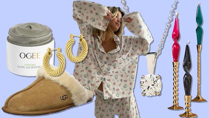 On a blue backdrop, there are various gifts for a girlfriend.